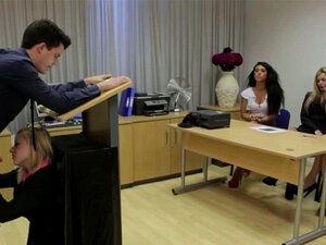 Cfnm babe humiliates guy with blowjob. Cfnm european babe humiliates guy with blowjob while dominas watch