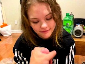 Blonde cumshot amateur MILF POV jerking in the kitchen